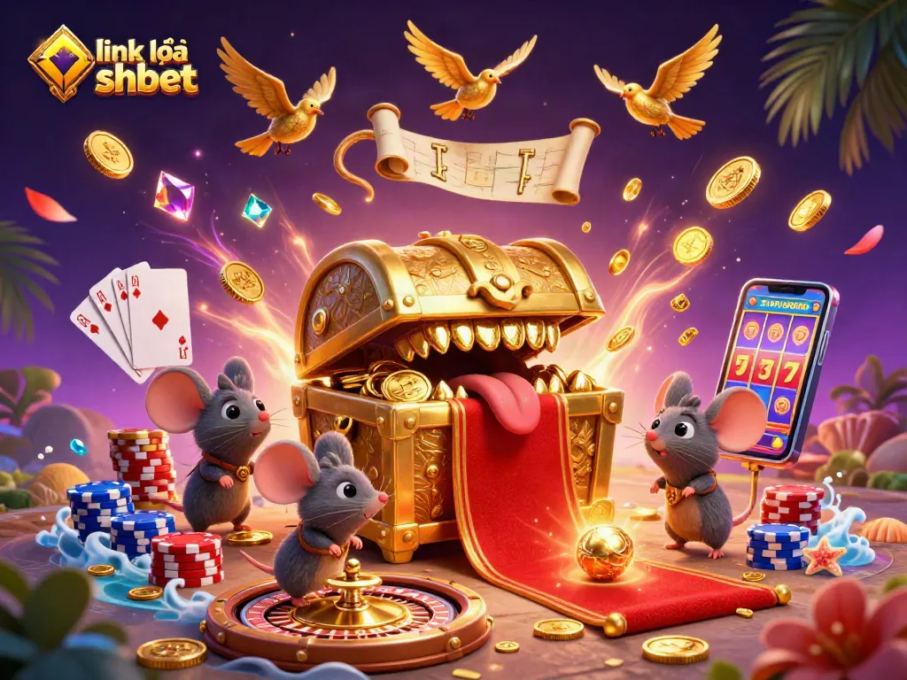 Spin to win at shbet with playful treasure chest and vibrant casino elements!
