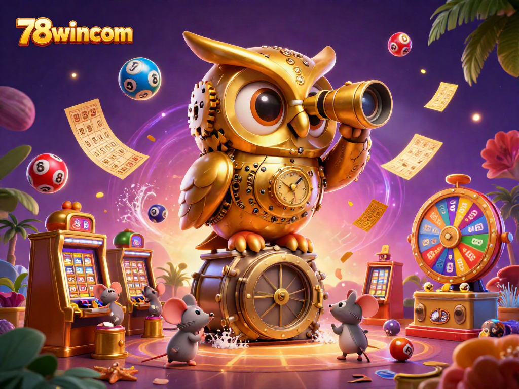 Engage with the vibrant world of 78wincom as a golden owl oversees a bustling casino floor.