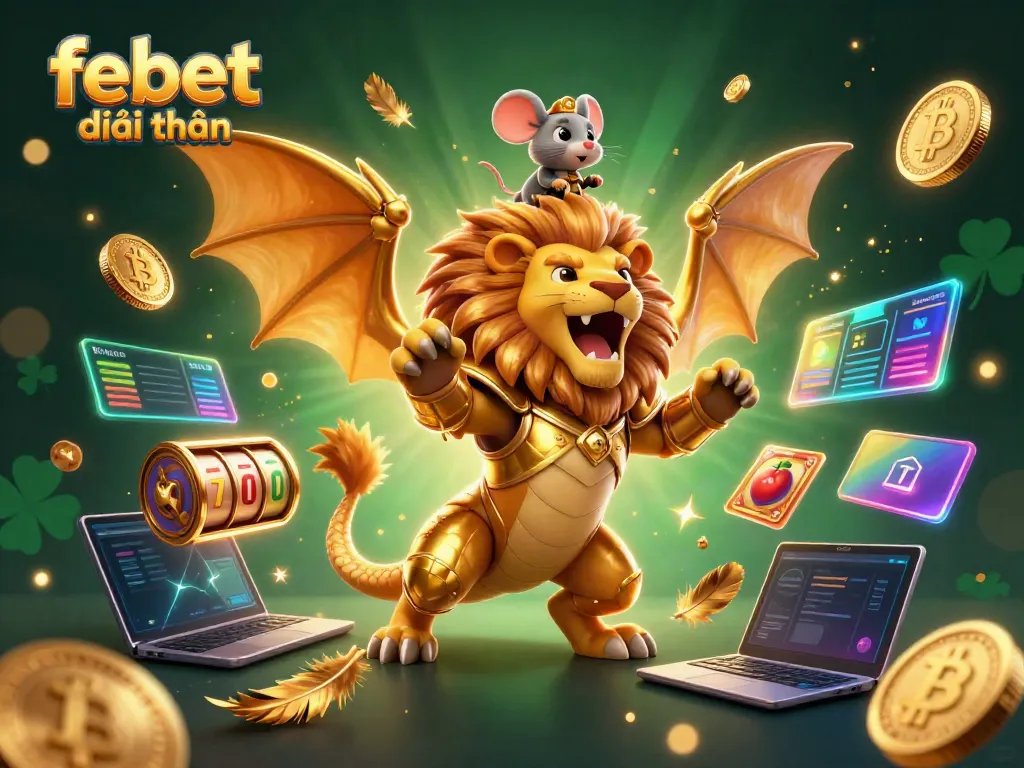 Experience the excitement of febet đổi thưởng with a golden chimera and slot elements in a vibrant gaming scene.