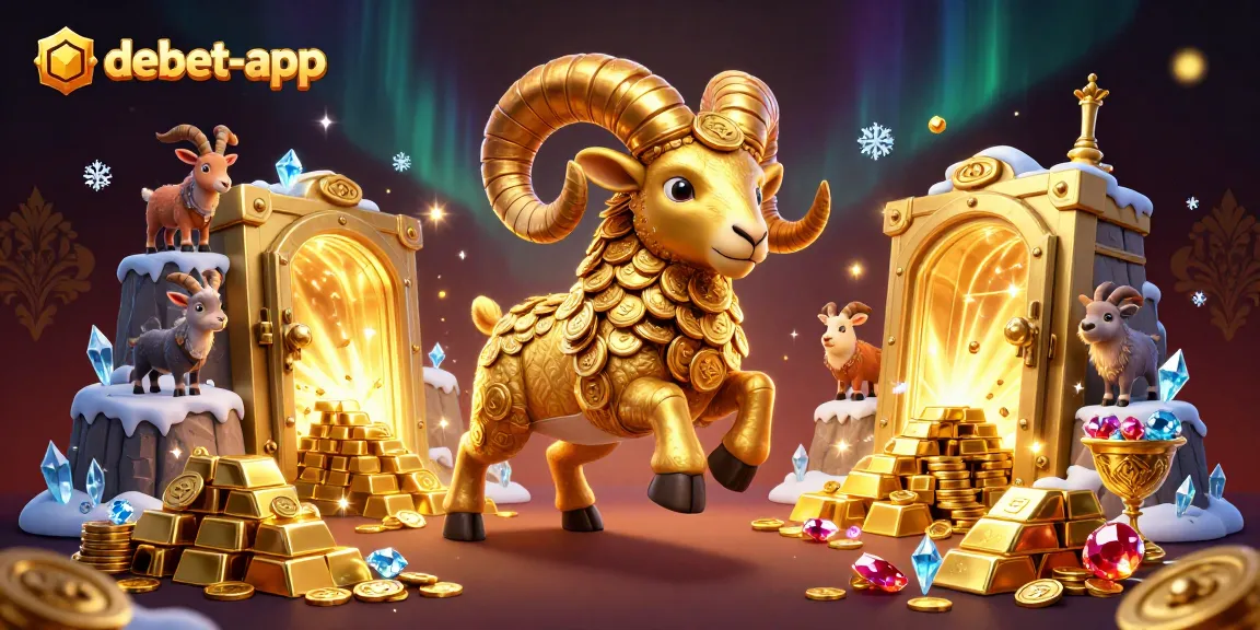 Experience the thrill of debet-app with a golden ram charging towards riches in this dynamic casino scene.