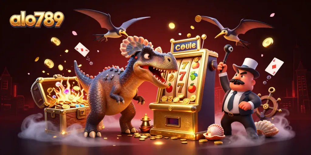 Alo789 engages players as a pachycephalosaurus wins coins from a slot machine amidst vibrant casino elements.