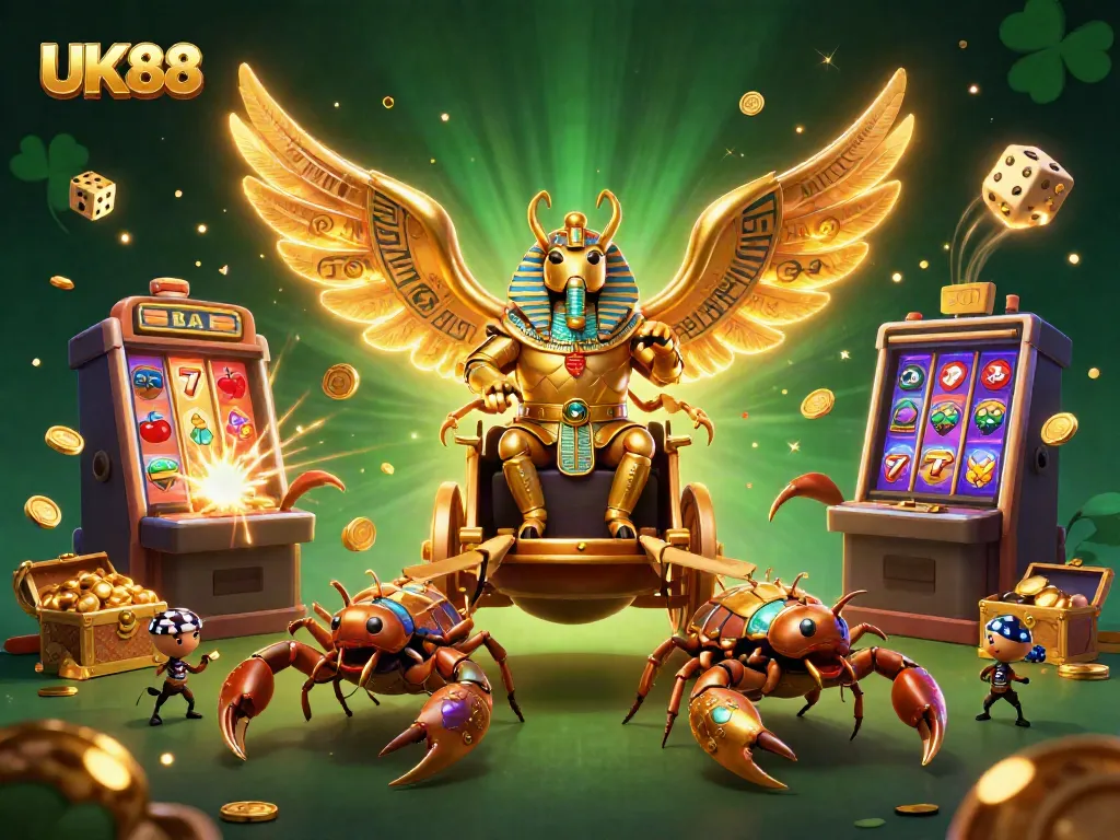 Experience winning thrills at UK88 with a dynamic golden scarab-themed casino scene, showcasing vibrant jackpots and exciting gameplay elements.