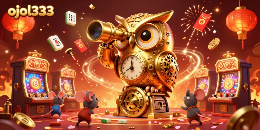 Engage with the ojol333 casino experience featuring a golden owl and vibrant slot machines amidst dynamic festivities.