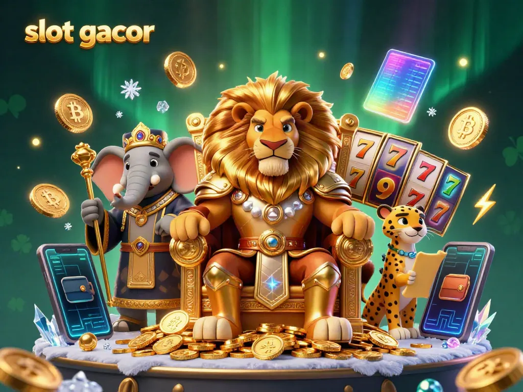 Engage in slot gacor fun with a royal lion king, elephant advisor, and cheetah in a dynamic casino scene.
