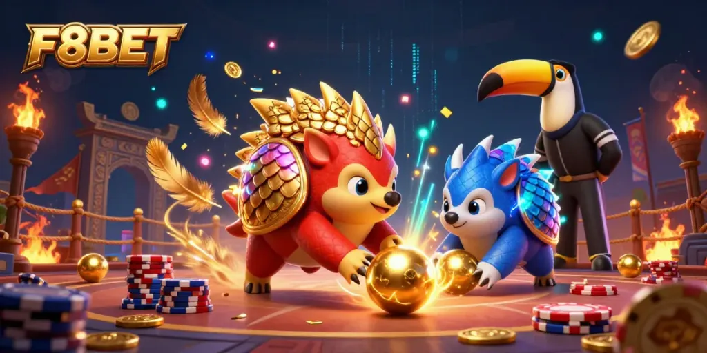 F8BET showcases thrilling pangolin competition amidst golden balls and chips in a vibrant 3D casino scene.