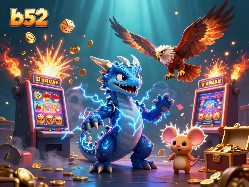 Experience the excitement of b52 gaming with a majestic thunder dragon, fierce hawk, and whimsical mouse in a vibrant casino scene.
