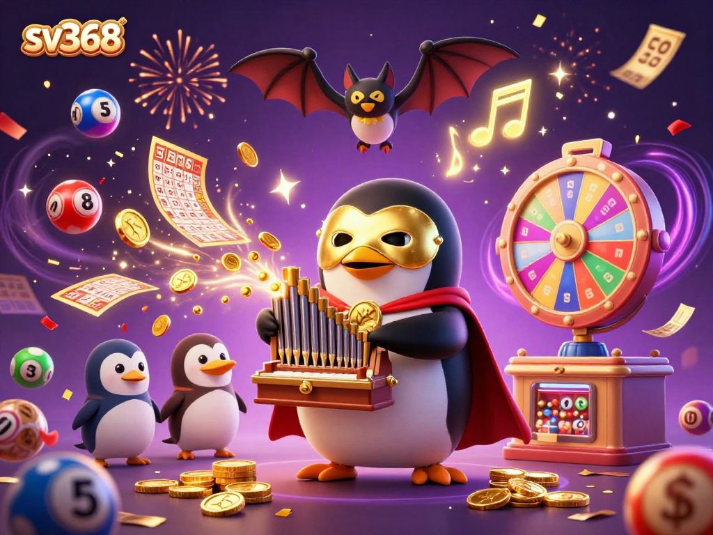 Join the excitement of sv368 as the phantom opera penguin plays, surrounded by vibrant gambling elements.