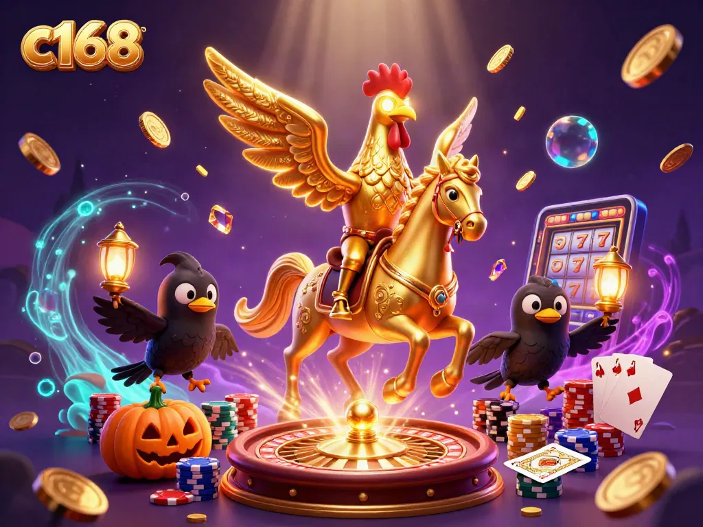 Experience vibrant casino action with c168 featuring a golden rooster and floating gems.