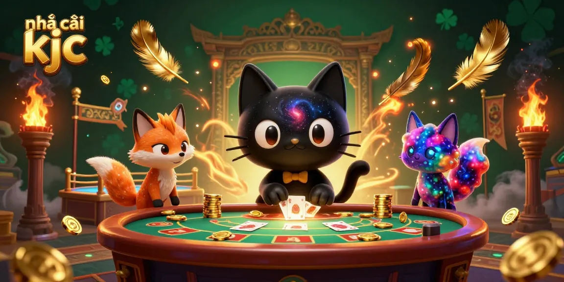 Engage with vibrant casino energy at nhà cái kjc featuring a cosmic scene of a playful black hole cat and a nebula fox.