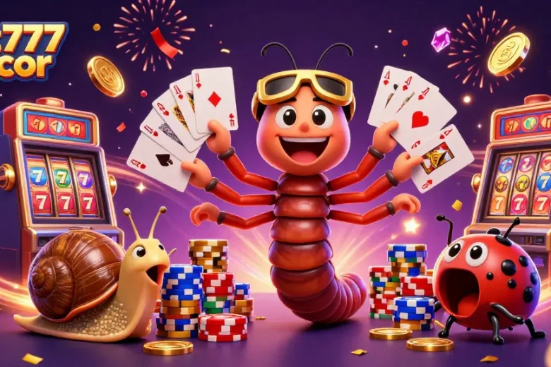 Engage in thrilling gameplay with slot777 gacor, surrounded by vibrant casino characters.
