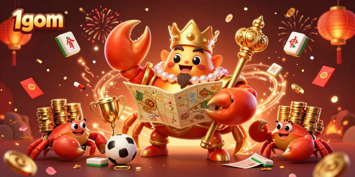 Boost your betting experience with 1gom’s lively sports-themed illustration featuring golden crab emperor and treasures.