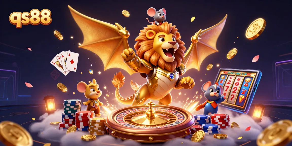 Engage with qs88's thrilling fantasy casino scene featuring golden coins, slot reels, and a majestic chimera.