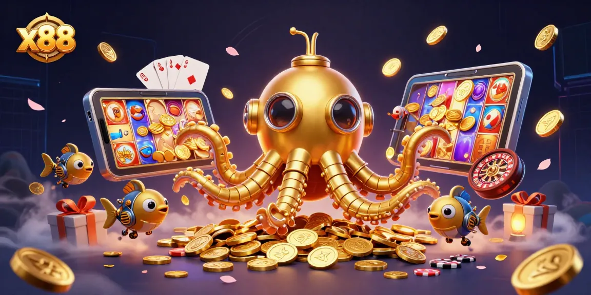 Spin and win big with x88 as the golden kraken and mechanical fish swim through coins and casino games.