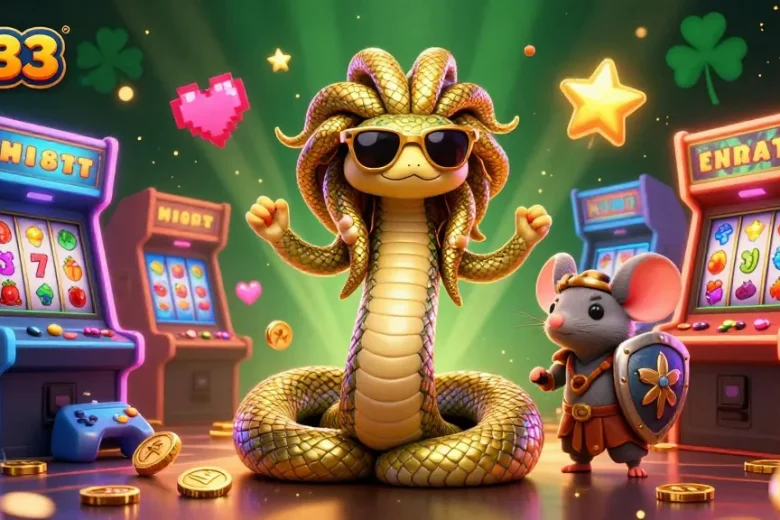 Engage with uu33's immersive 3D visual of Greek Medusa and characters in a vibrant gaming scene.