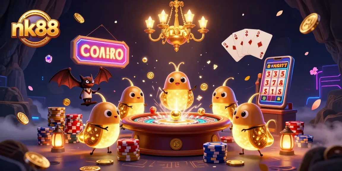 Engage in excitement at nk88 with a vibrant 3D casino scene featuring glowworms and a bat dealer.
