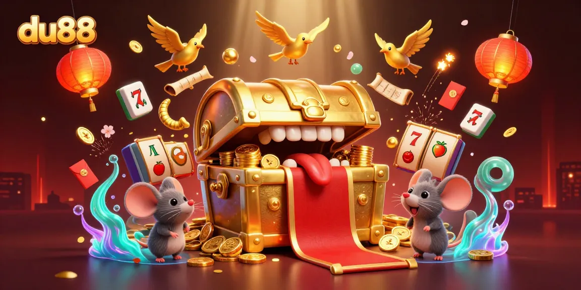 Engage in the riches of du88 with a golden treasure chest, vibrant slots, and enticing symbols.