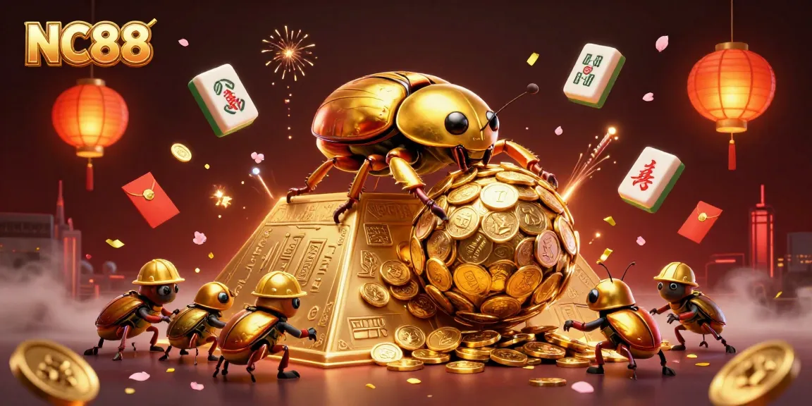 Join the excitement at NC88 with 3D cartoon beetles rolling gold coins and rich casino symbols.