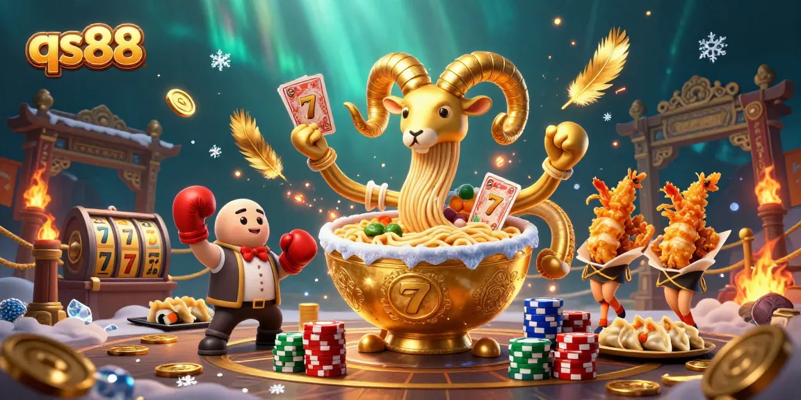 qs88 casino illustration featuring a giant ramen bowl character dealing cards in a vibrant gambling scene.