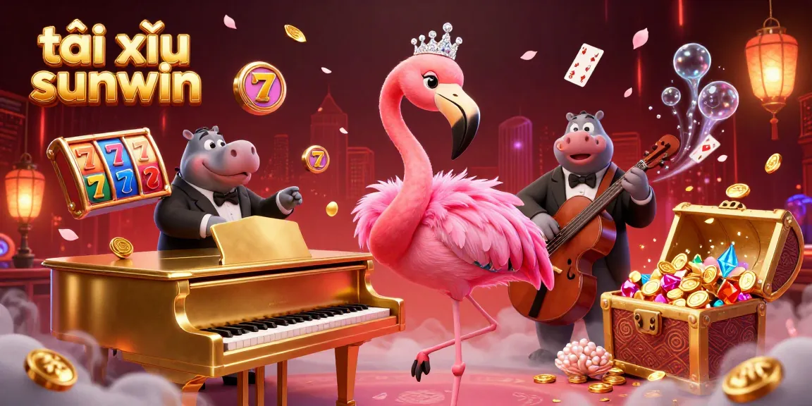 Tài xỉu sunwin dazzles with vibrant 3D casino elements in a lively scene featuring a flamingo singer.