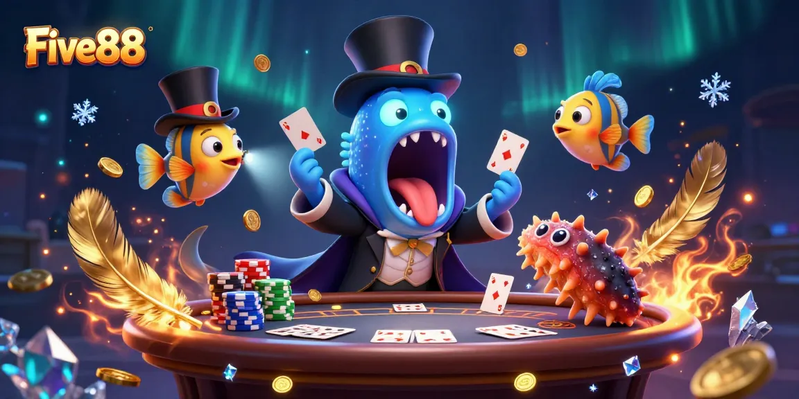 Experience the excitement of Five88 with a magical card tricks scene featuring vibrant casino elements.