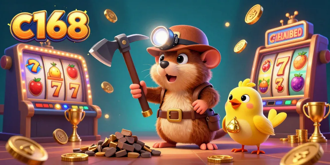 C168 brings excitement to life through this 3D cartoon treasure hunter mole mining treasures in a vibrant casino filled with slot games and jackpots.
