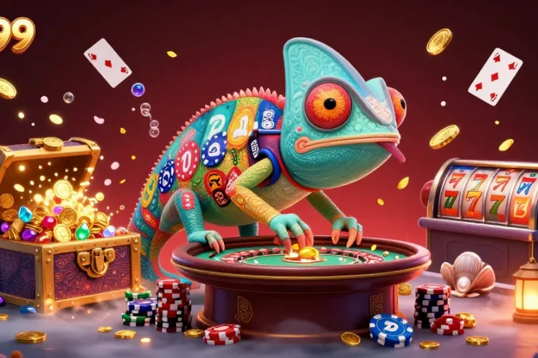 Experience thrilling wins at me99, where a vibrant chameleon casino owner and treasure surround you.