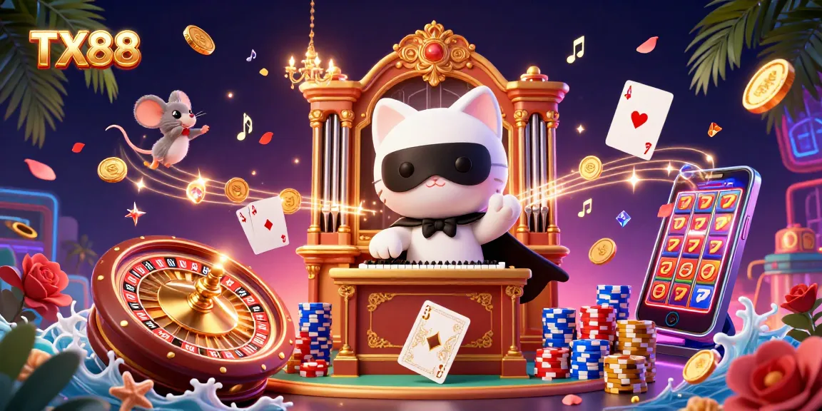 Play exciting casino games featuring TX88 with a cartoon cat at a lavish gaming scene.