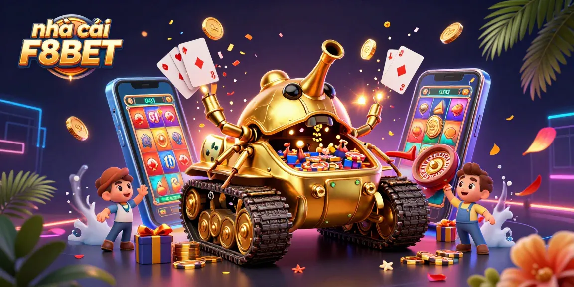 Experience excitement at nhà cái F8BET with vibrant casino elements, golden coins, and a dynamic gaming atmosphere.