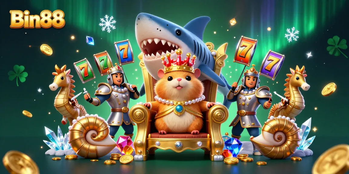 Engage with Bin88's vibrant casino world featuring a golden hamster king, surrounded by slot game elements.