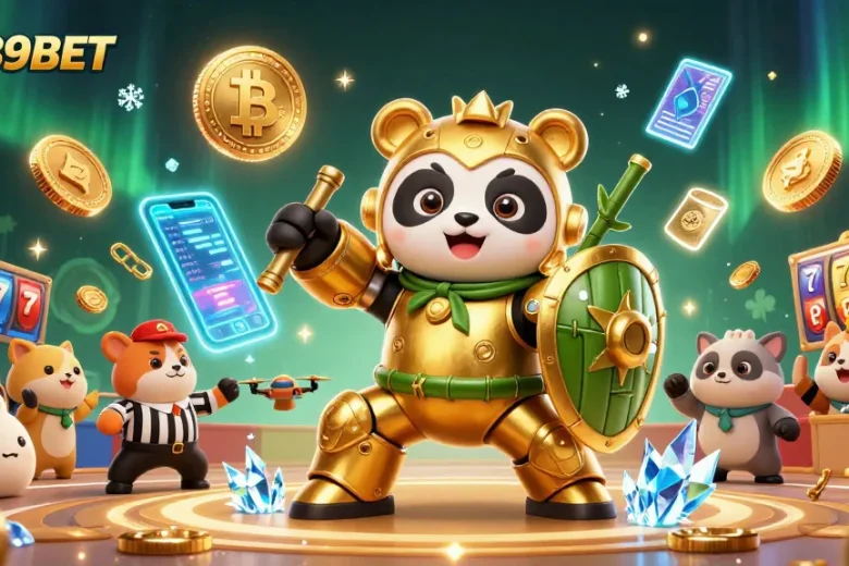 Experience the excitement of 789BET with a golden panda in an action-packed casino arena.