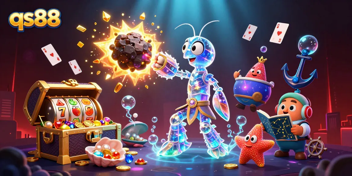 qs88 showcases a dynamic casino scene with a galactic samurai mantis shrimp and treasure elements sparkling with winnings.