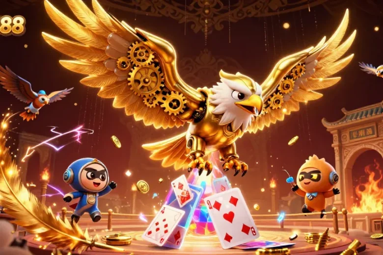 Experience the thrilling world of open88 with dynamic holographic cards and golden eagle action.