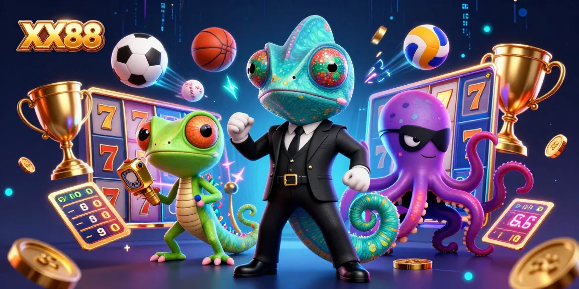 Spin the reels at XX88 with a vibrant 3D illustration of a colorful casino scene featuring a chameleon and gadgets.