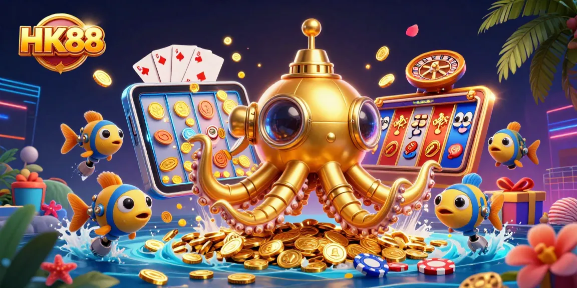 Spin and win at HK88 with a vibrant 3D illustration showcasing casino games and golden coins.