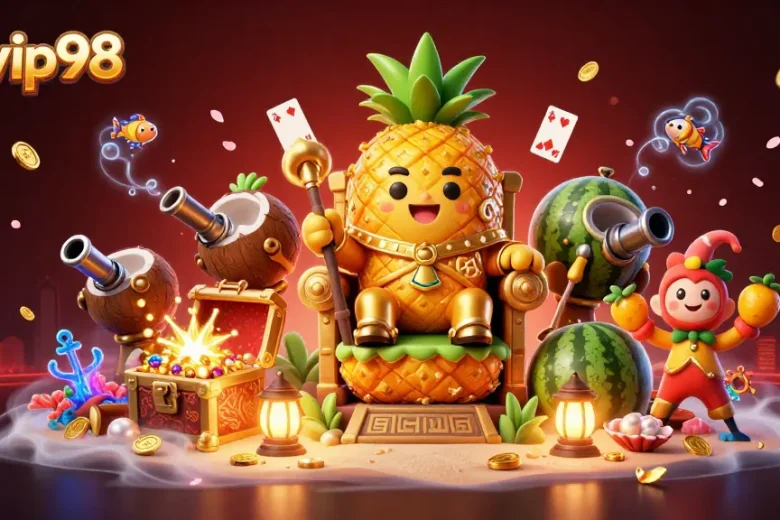 Experience the vibrant action at rikvip98 with characters in a lively beach casino, showcasing a golden pineapple king.