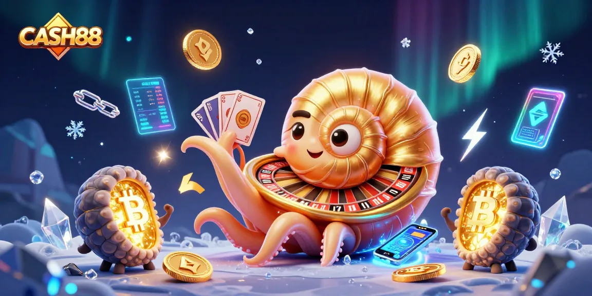 Experience CASH88 with an enchanting 3D illustration featuring a giant nautilus roulette wheel amidst crypto themes.