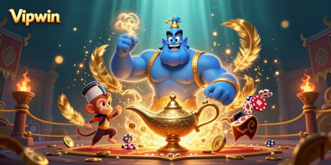 Bid and win with Vipwin in a vibrant casino-themed 3D illustration featuring a magical genie.