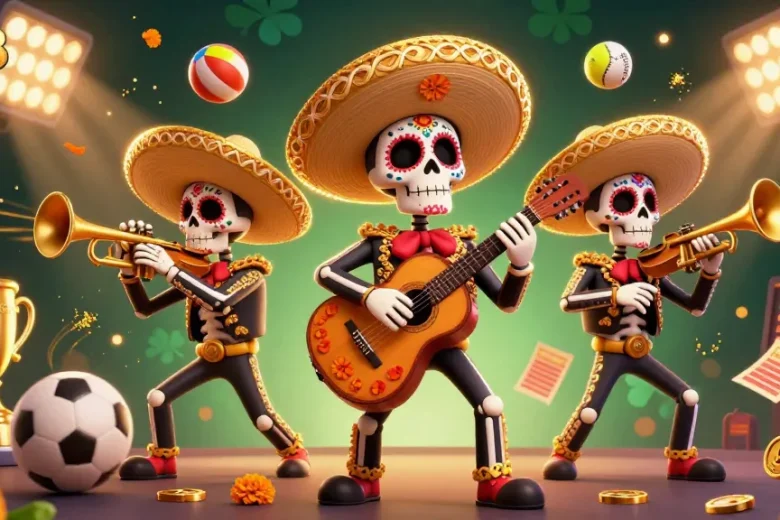 Play dynamic games and win with alo8 com in a vibrant 3D casino illustration showcasing a colorful mariachi band.