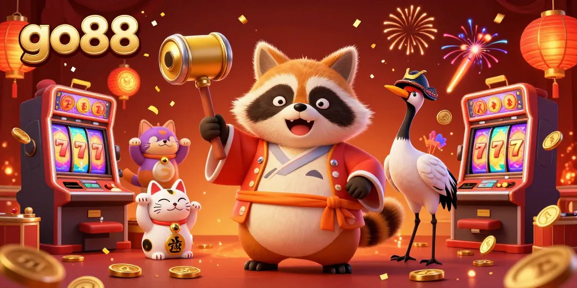Experience the thrill of go88 with cheerful characters in a vibrant casino scene featuring slots and festive elements.