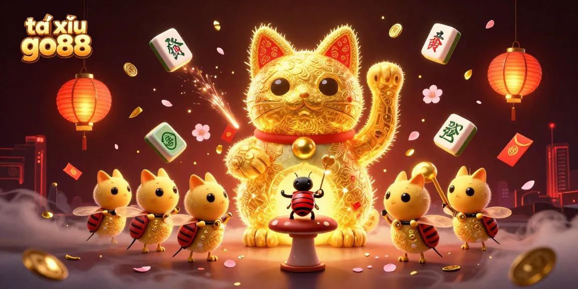 Experience the thrill of tài xỉu go88 with a vibrant lucky cat illustration and festive casino elements.