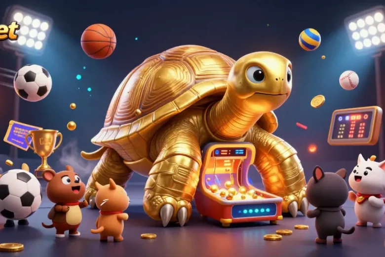 Engaging 1xbet sports betting illustration featuring a golden tortoise pinball and vibrant game elements.