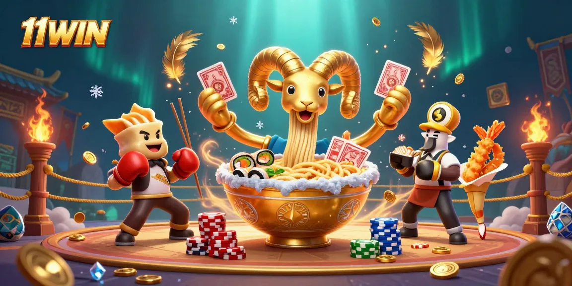 Experience vibrant 11WIN casino action with a golden ramen bowl dealer and dynamic characters.