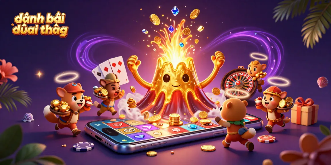 Engage in đánh bài đổi thưởng with thrilling gameplay, showcasing a vibrant erupting volcano, treasure, and casino elements.