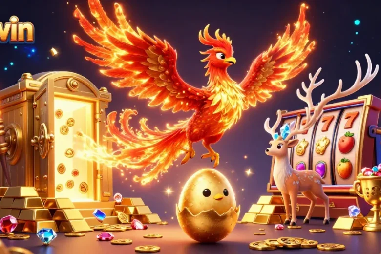 Experience exciting wins at 98win with dynamic gambling elements in a vibrant illustration.