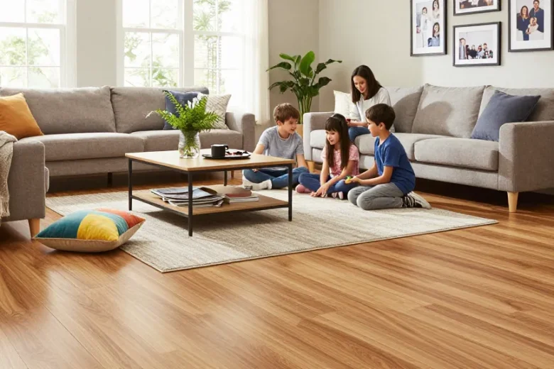 Family enjoying time in a stylish living room with easy to maintain flooring options that enhance the cozy atmosphere.