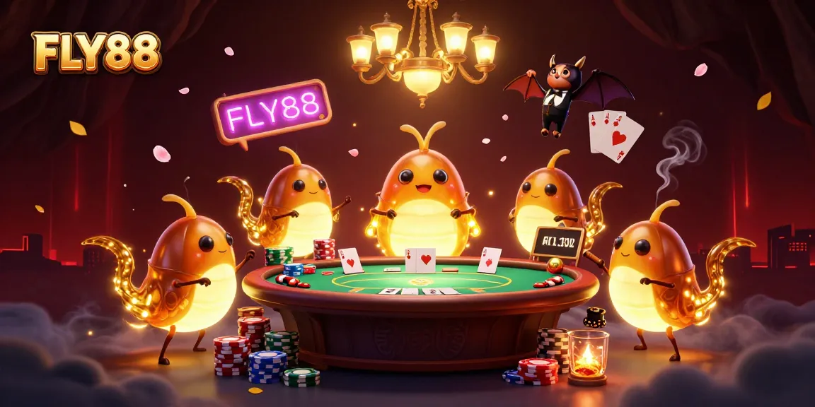 Experience FLY88's vibrant casino atmosphere with glowing creatures and poker action in a dynamic scene.