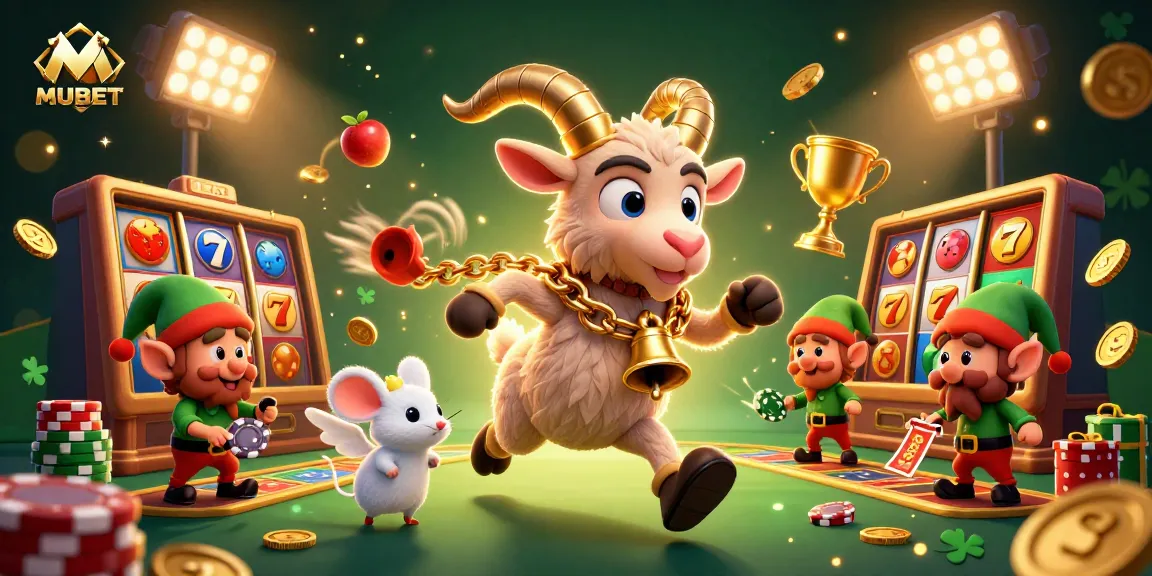 Join MUBET in a festive casino scene with characters and slot game elements for a thrilling experience.