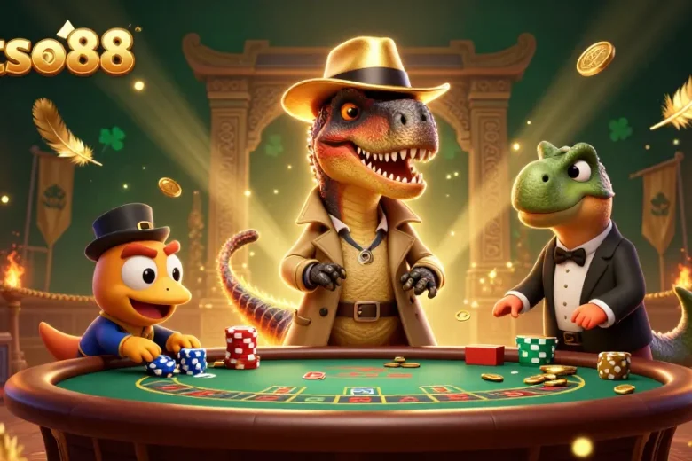 Engage in thrilling gameplay at betso88 with a playful velociraptor amidst a lively casino scene.