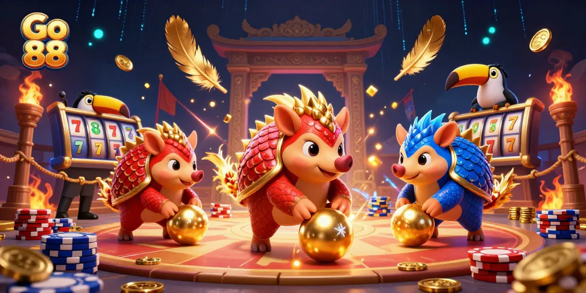 Go 88 pangolins playing games with poker chips and vibrant casino elements