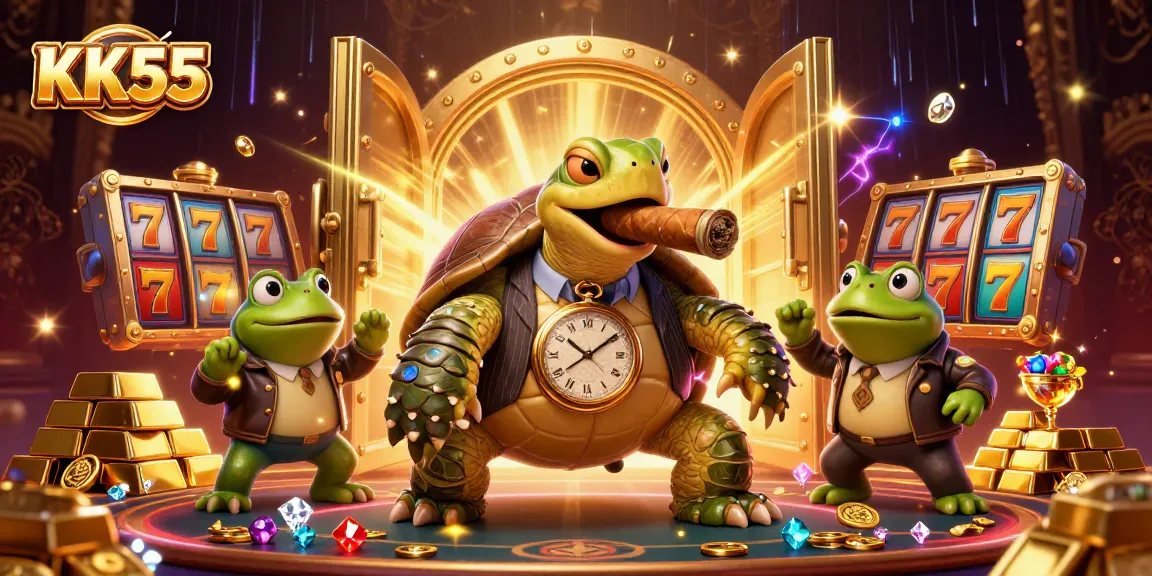 Experience casino excitement with KK55 featuring a snapping turtle in a stylish suit among rich treasures.
